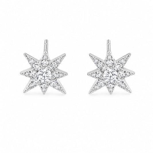 Warm Fortune 18K White Gold Plated CZ Starburst Stud Earrings for Women