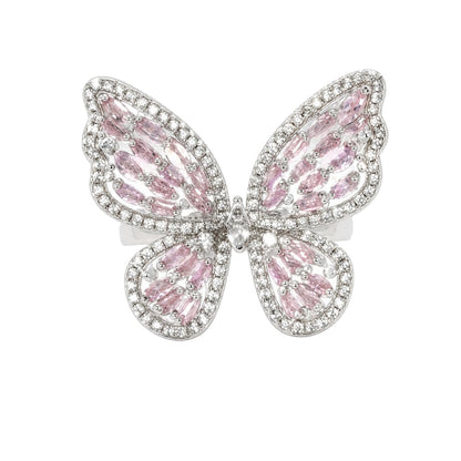 Warm Fortune Pink Butterfly Promise Ring for Her - 18K Gold Plated Cubic Zirconia, Stackable Gift Valentine's Day, Fashion & Daily Elegant Wear,Adjustable