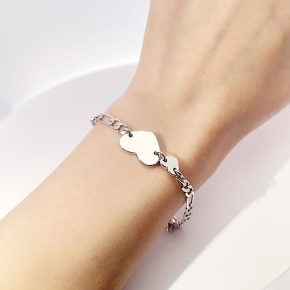 Warm Fortune Double Heart Figaro Link Bracelet for Women, Silver-Tone 6 Inch Adjustable Chain with Sparkling Moissanite Accent
