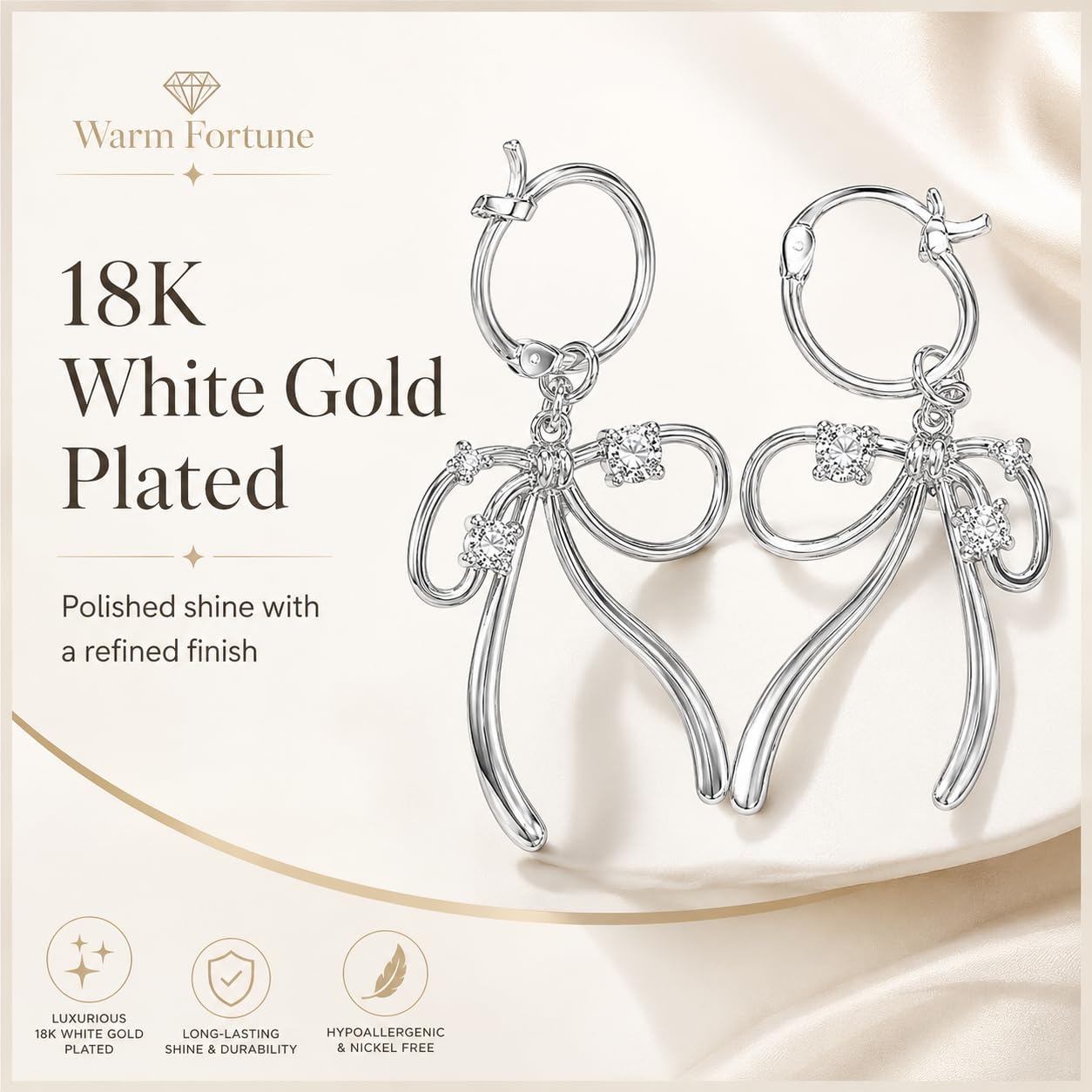 Warm Fortune Hypoallergenic CZ Bow Hoop Earrings, 18K White Gold Plated