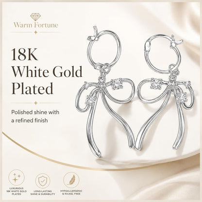 Warm Fortune Hypoallergenic CZ Bow Hoop Earrings, 18K White Gold Plated