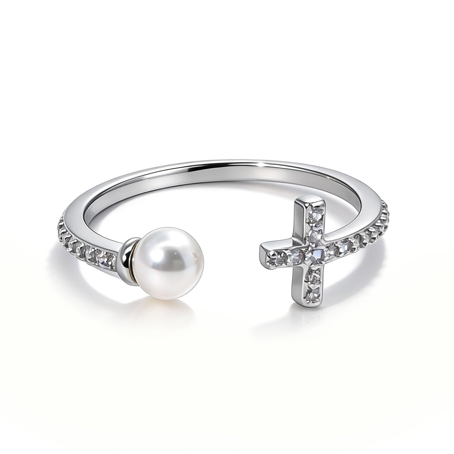 Warm Fortune Cross & Pearl Open Promise Ring for Her - 18K Gold Plated Cubic Zirconia, Stackable Gift Valentine's Day, Fashion & Daily Elegant Wear, Adjustable