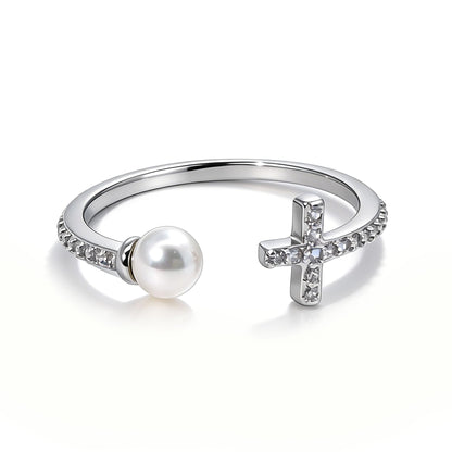 Warm Fortune Cross & Pearl Open Promise Ring for Her - 18K Gold Plated Cubic Zirconia, Stackable Gift Valentine's Day, Fashion & Daily Elegant Wear, Adjustable