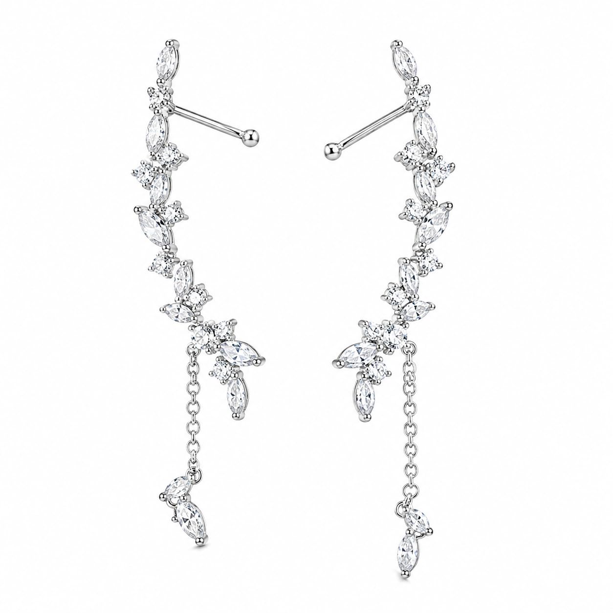 Warm Fortune 18K White Gold Plated CZ Vine Chain Dangle Earrings