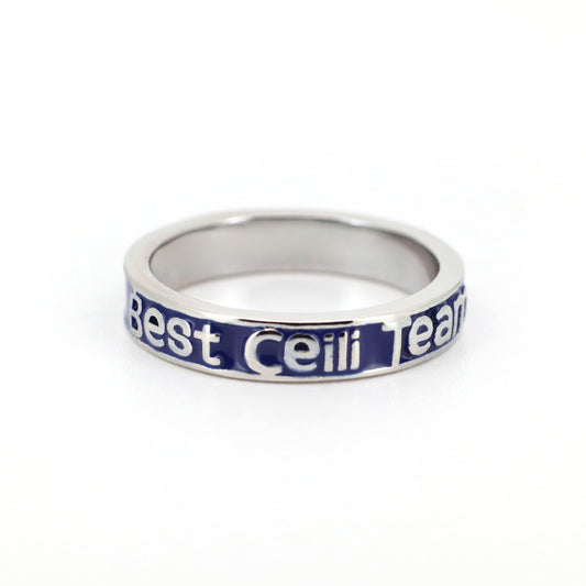 Warm Fortune Enamel Letter Band Ring for Women, 18K Gold Plated Engraved Text Stackable Jewelry for Daily Outfit, Size 6-8