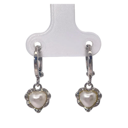 Warm Fortune Heart Shape Pearl Dangle Hoop Earrings, Silver Tone Romantic Fashion Jewelry for Women, Sweet Daily & Dating Accessory