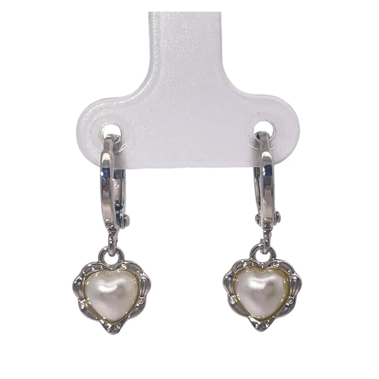 Warm Fortune Heart Shape Pearl Dangle Hoop Earrings, Silver Tone Romantic Fashion Jewelry for Women, Sweet Daily & Dating Accessory