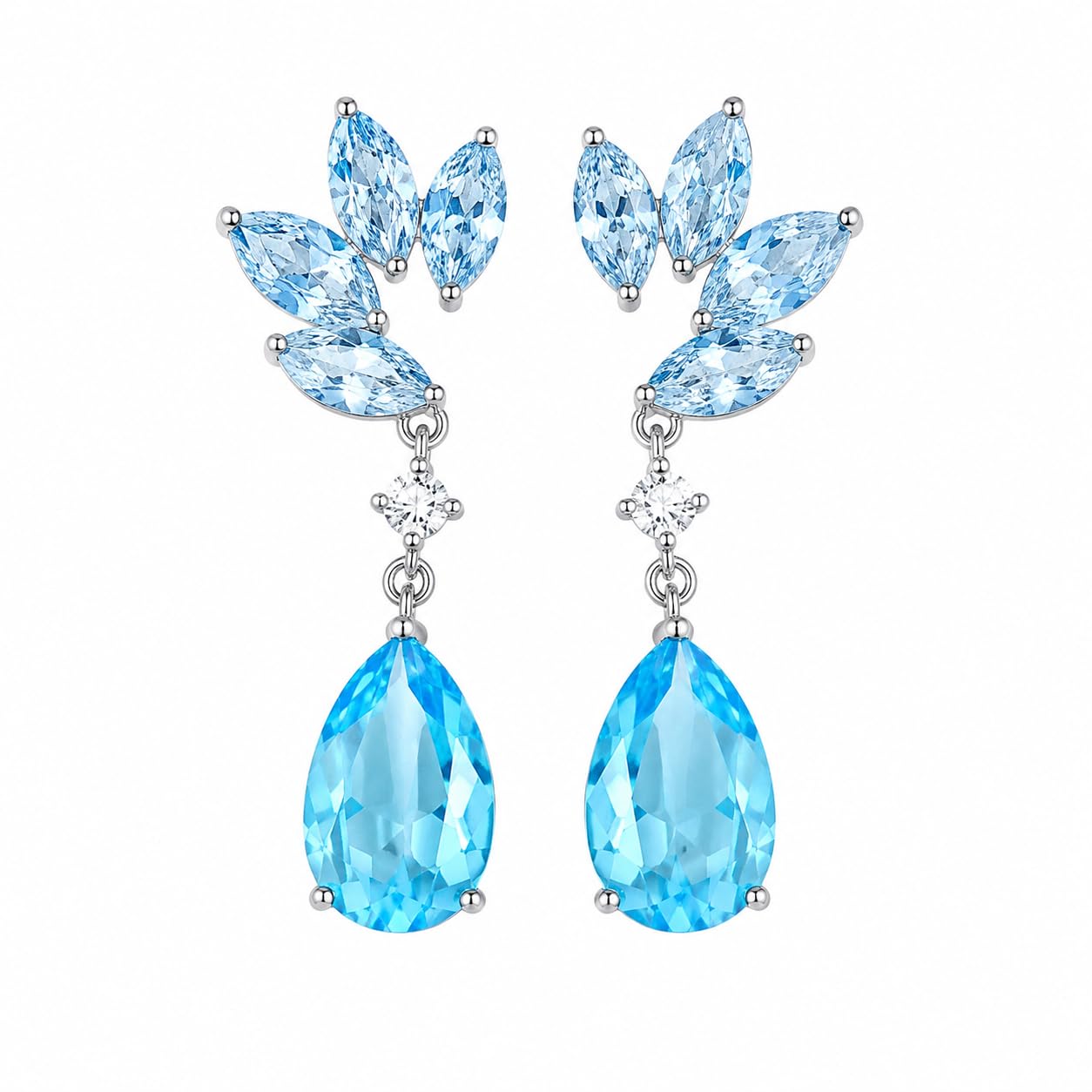 Warm Fortune 18K White Gold Plated Blue CZ Leaf Drop Earrings