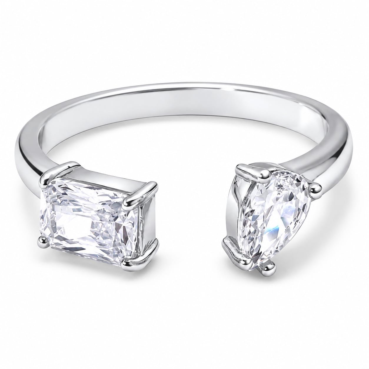 Warm Fortune 18K Gold Plated Two Stone Open Cuff Statement Ring, Emerald Cut & Pear Cut Cubic Zirconia Split Band Fashion Ring for Women