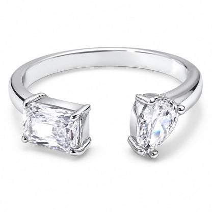 Warm Fortune 18K Gold Plated Two Stone Open Cuff Statement Ring, Emerald Cut & Pear Cut Cubic Zirconia Split Band Fashion Ring for Women