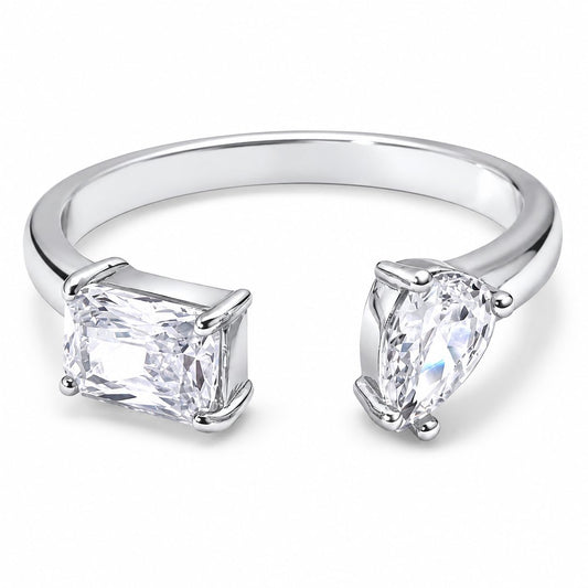 Warm Fortune 18K Gold Plated Two Stone Open Cuff Statement Ring, Emerald Cut & Pear Cut Cubic Zirconia Split Band Fashion Ring for Women