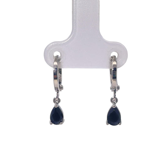 Warm Fortune Navy Blue Teardrop Gemstone Dangle Hoop Earrings, Silver Tone Fashion Jewelry for Women, Chic Daily & Evening Wear