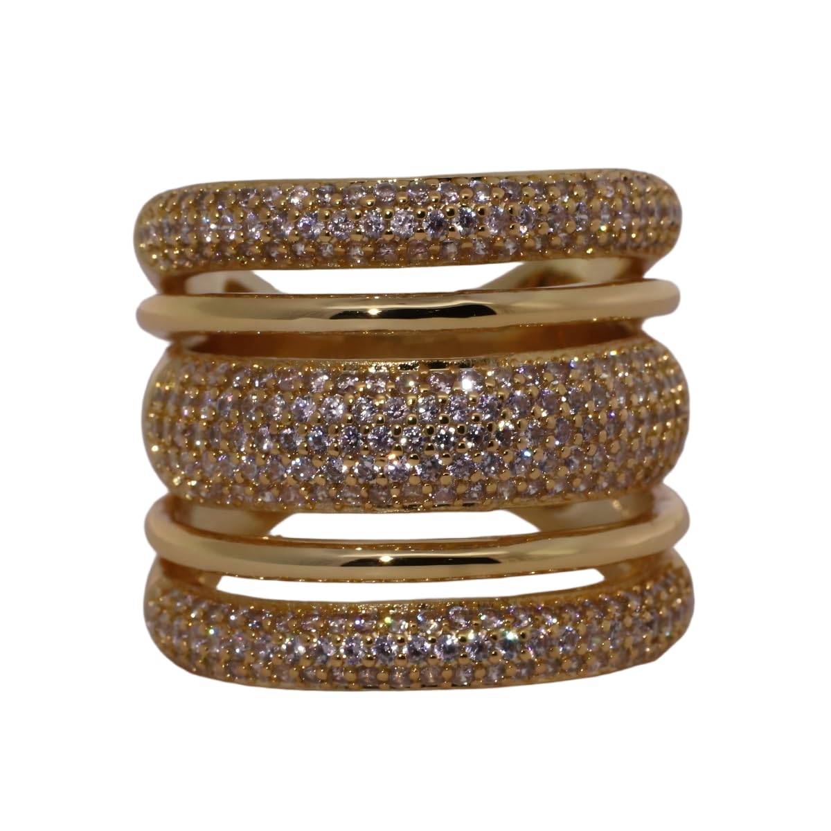 Warm Fortune Three-Layer Full Paved Band Ring Set - 18K Gold Plated Cubic Zirconia Stackable Gift for Women, Daily Fashion Wear & Casual Accessory, Trendy Street Wear, Size 6-9