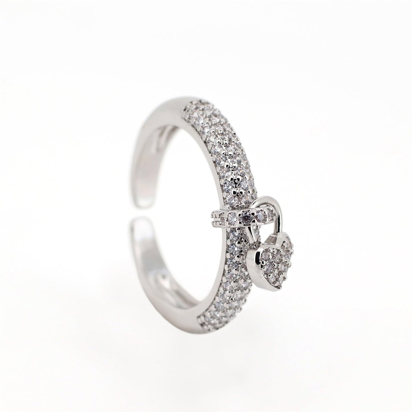Warm Fortune Paved CZ Open Ring with Heart Charm for Women,18K Gold Plated Adjustable Stackable Daily Jewelry