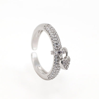 Warm Fortune Paved CZ Open Ring with Heart Charm for Women,18K Gold Plated Adjustable Stackable Daily Jewelry
