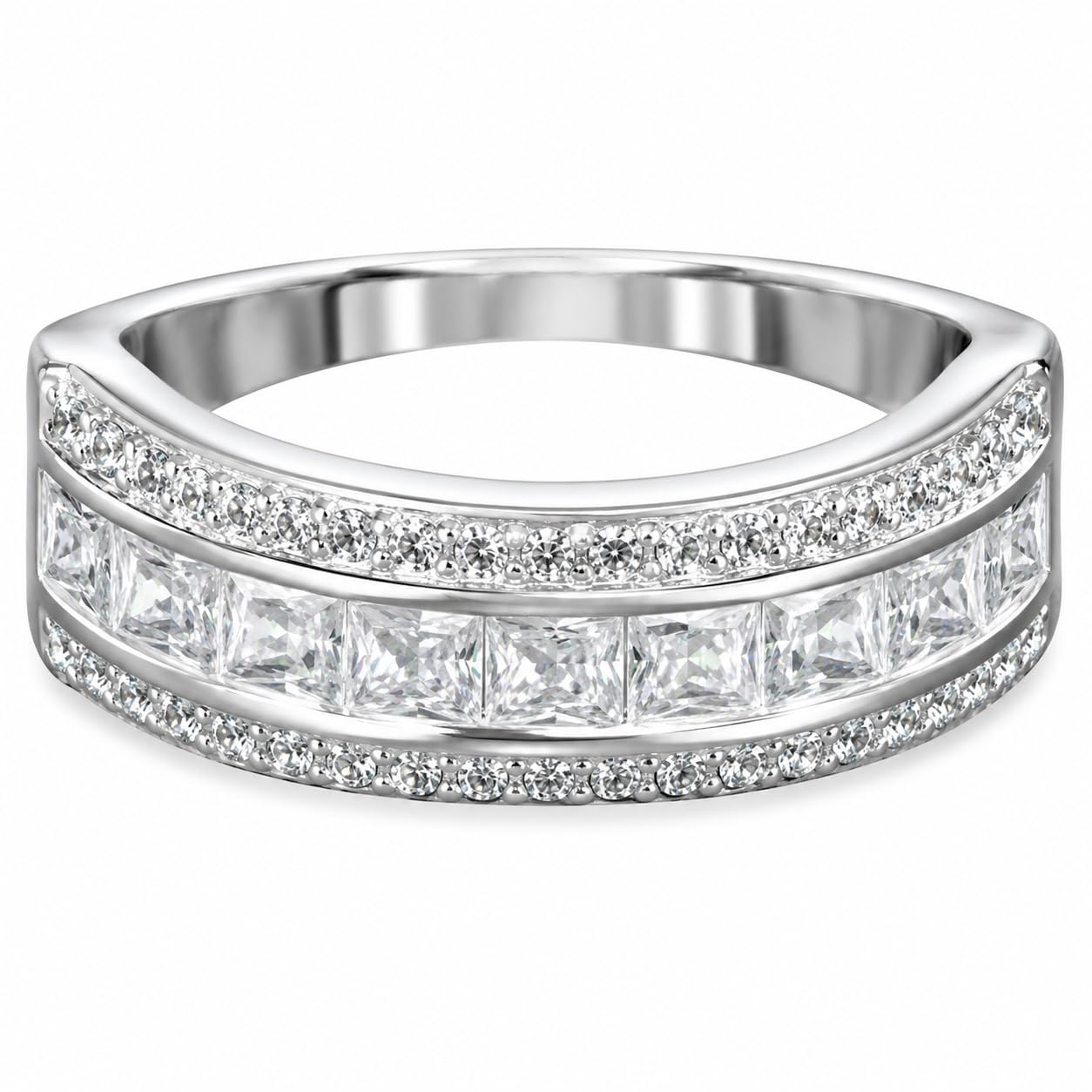 Warm Fortune Curved Three‑Tier CZ Band Ring for Women, 18K White Gold Plated Princess‑Cut Cubic Zirconia Statement Band, Dainty Elegant Jewelry, Size 6-9