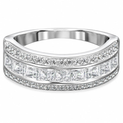 Warm Fortune Curved Three‑Tier CZ Band Ring for Women, 18K White Gold Plated Princess‑Cut Cubic Zirconia Statement Band, Dainty Elegant Jewelry, Size 6-9