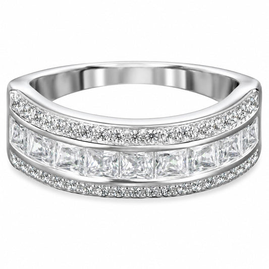 Warm Fortune Curved Three‑Tier CZ Band Ring for Women, 18K White Gold Plated Princess‑Cut Cubic Zirconia Statement Band, Dainty Elegant Jewelry, Size 6-9