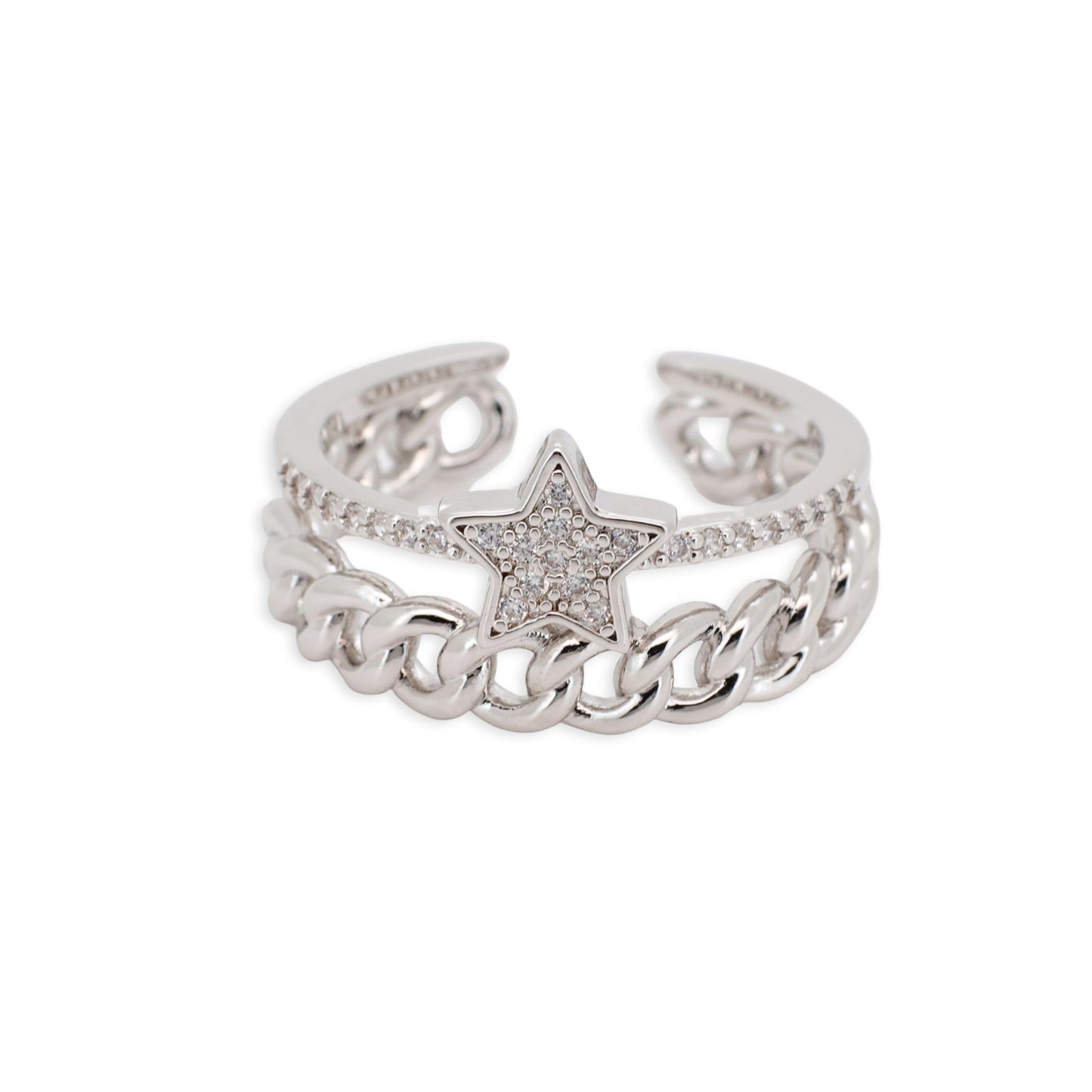 Warm Fortune Three-Layer Star and Cuban Link Promise Ring for Her - 18K Gold Plated Cubic Zirconia, Stackable Gift Valentine's Day, Fashion & Daily Elegant Wear,Adjustable