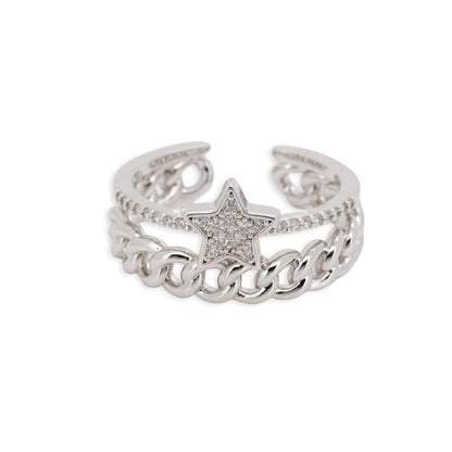 Warm Fortune Three-Layer Star and Cuban Link Promise Ring for Her - 18K Gold Plated Cubic Zirconia, Stackable Gift Valentine's Day, Fashion & Daily Elegant Wear,Adjustable