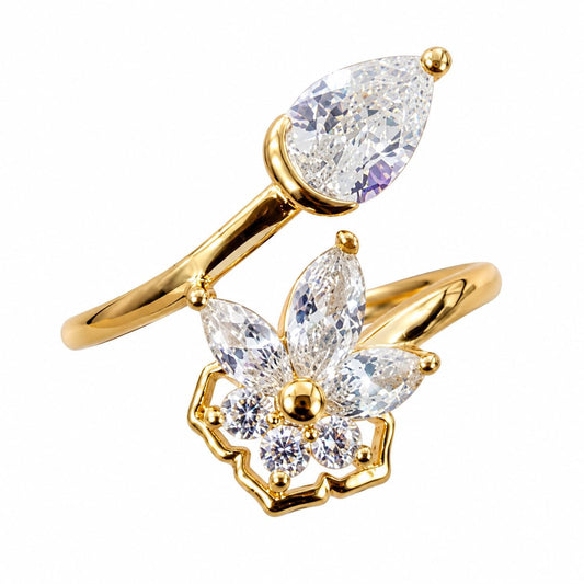 Warm Fortune Flower & Teardrop CZ Ring for Women, 18K Gold Plated Open Band with Marquise & Round Cubic Zirconia, Dainty Elegant Jewelry, Size 5-5.5