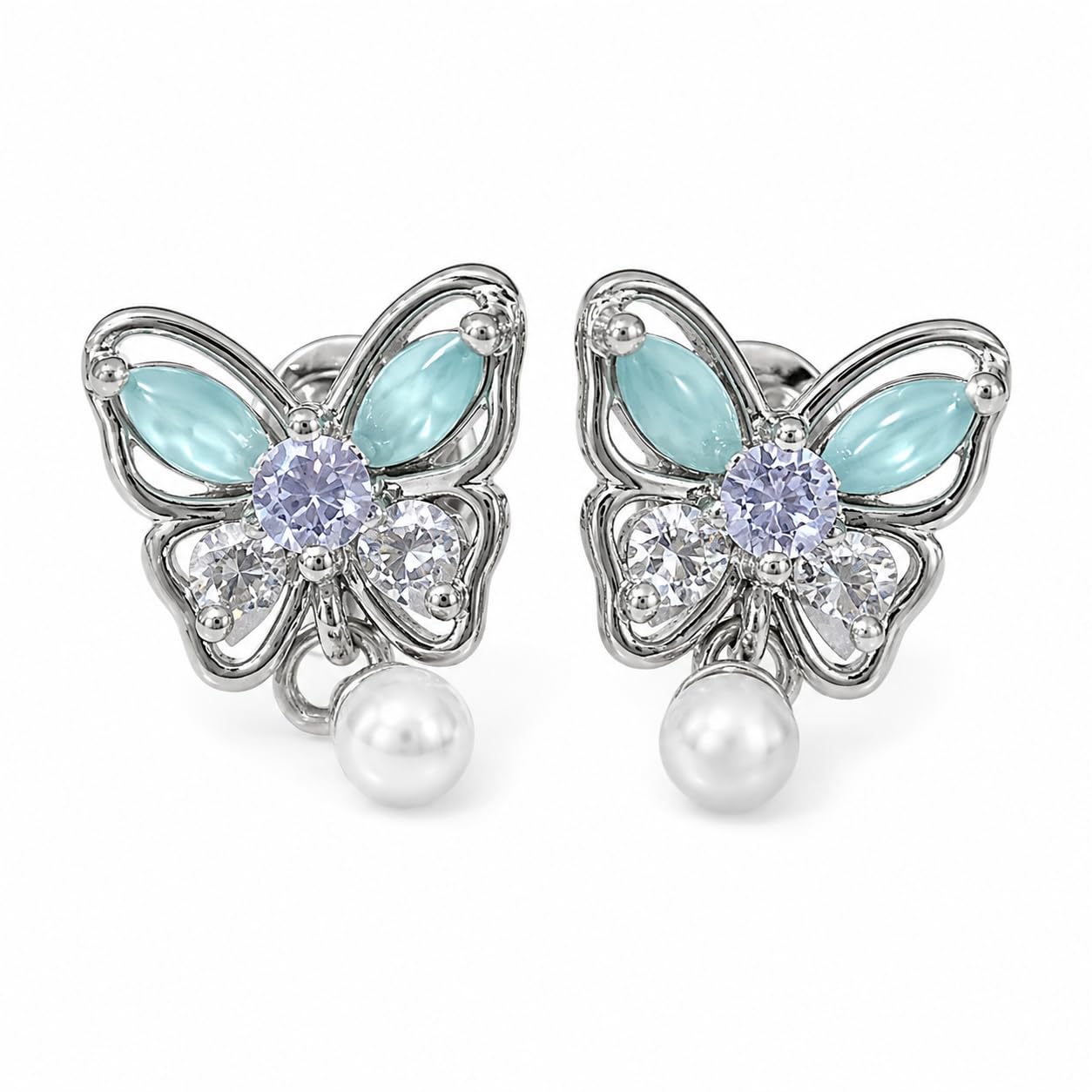 Warm Fortune 18K Gold Plated Butterfly Mixed Cut Cubic Zirconia & Shell Pearl Dangle Earrings for Women Hypoallergenic - Valentine's Day, Mother's Day, Birthday Gift for Her
