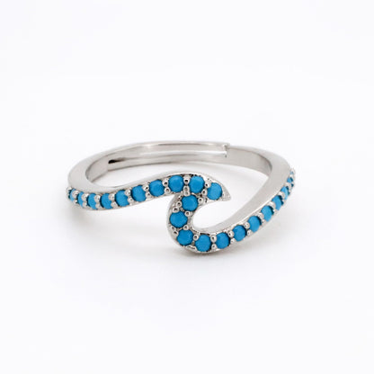 Warm Fortune Turquoise Wave Shaped Promise Ring for Her - 18K Gold Plated Cubic Zirconia, Stackable Gift Valentine's Day, Fashion & Daily Elegant Wear,Adjustable