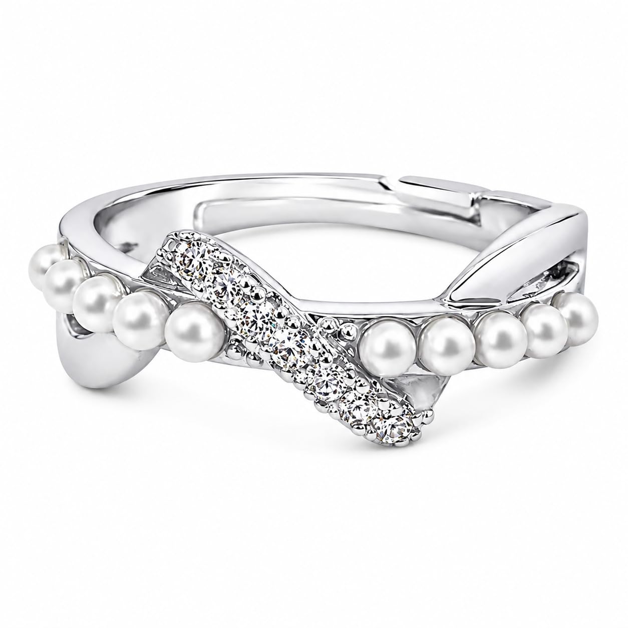 Warm Fortune Twisted‑Band Adjustable Statement‑Ring for Women, 18K Gold Plated Ring With Freshwater Pearls & Cubic Zirconia, Fashion Jewelry for Daily Wear & Gifting