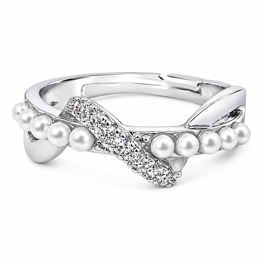 Warm Fortune Twisted‑Band Adjustable Statement‑Ring for Women, 18K Gold Plated Ring With Freshwater Pearls & Cubic Zirconia, Fashion Jewelry for Daily Wear & Gifting