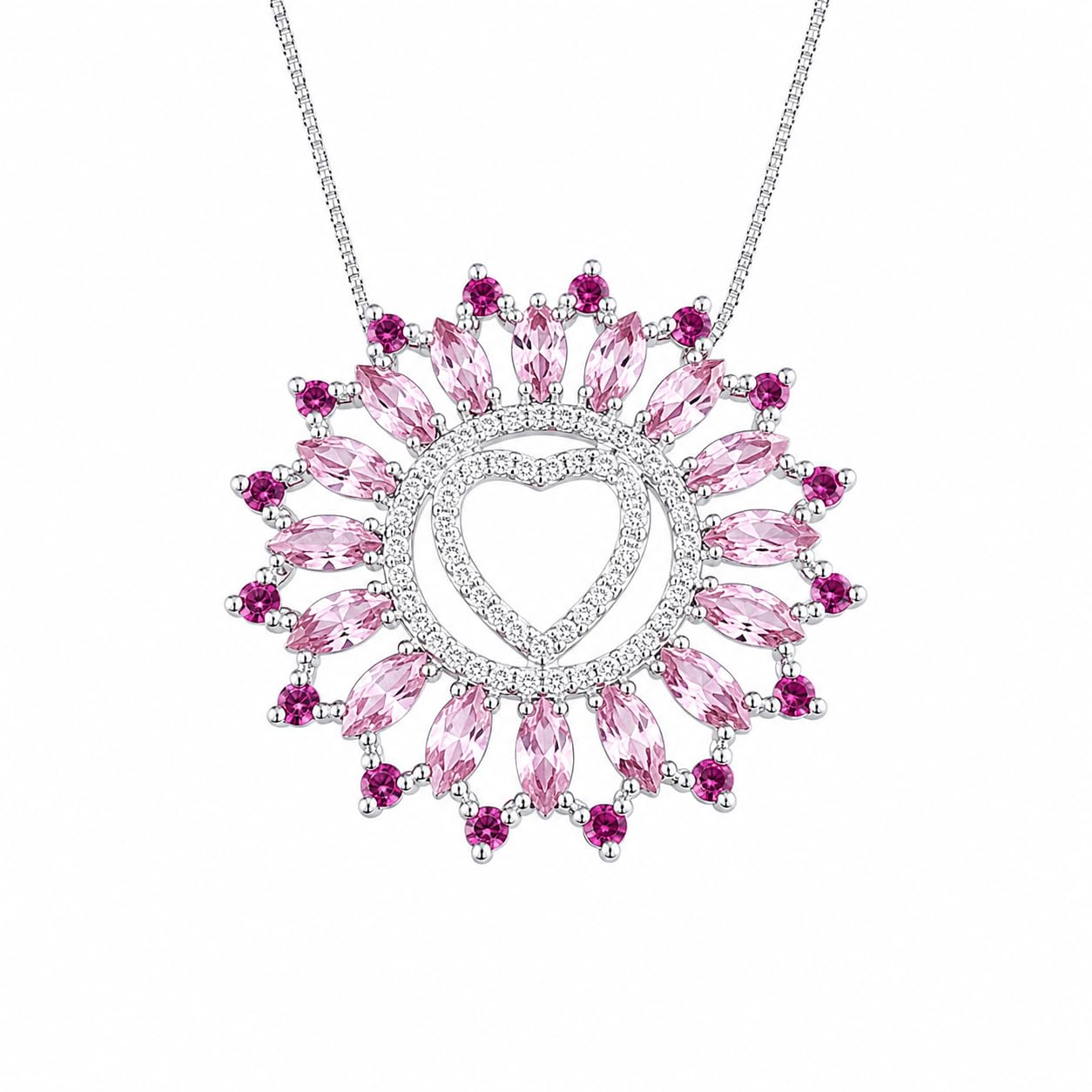 Warm Fortune 18K White Gold Plated CZ Heart Halo Pendant Necklace