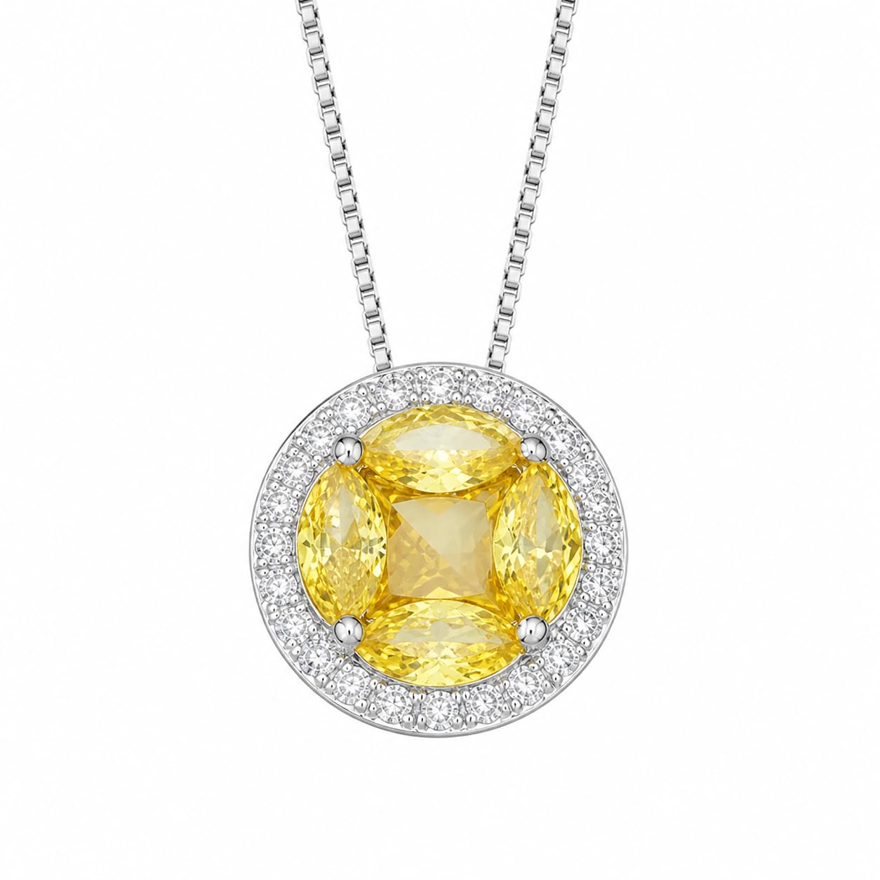 Warm Fortune Cushion Cut Halo Pendant Necklace for Women, 18K White Gold Plated Brass, Yellow Blue or Clear CZ, 18 Inch Chain, CZ Color Options