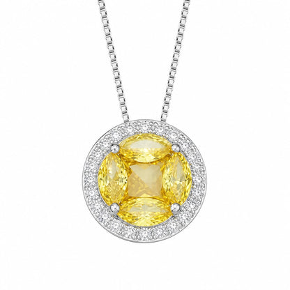 Warm Fortune Cushion Cut Halo Pendant Necklace for Women, 18K White Gold Plated Brass, Yellow Blue or Clear CZ, 18 Inch Chain, CZ Color Options