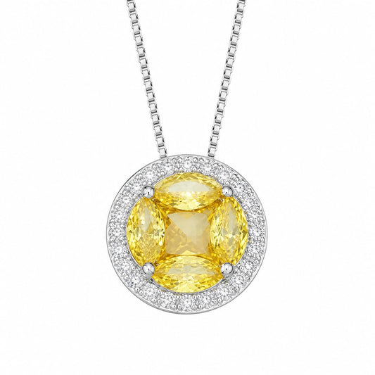 Warm Fortune Cushion Cut Halo Pendant Necklace for Women, 18K White Gold Plated Brass, Yellow Blue or Clear CZ, 18 Inch Chain, CZ Color Options