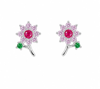 Warm Fortune 18K Gold Plated Pink Flower Cubic Zirconia Stud Earrings for Women Hypoallergenic - Valentine's Day, Mother's Day, Birthday Gift for Her