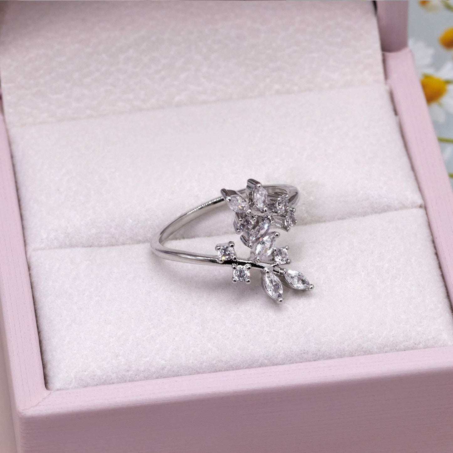 Warm Fortune Branch Leaf Marquise CZ Open Ring for Women,18K Gold Plated Adjustable Stackable Promise Jewelry Gift