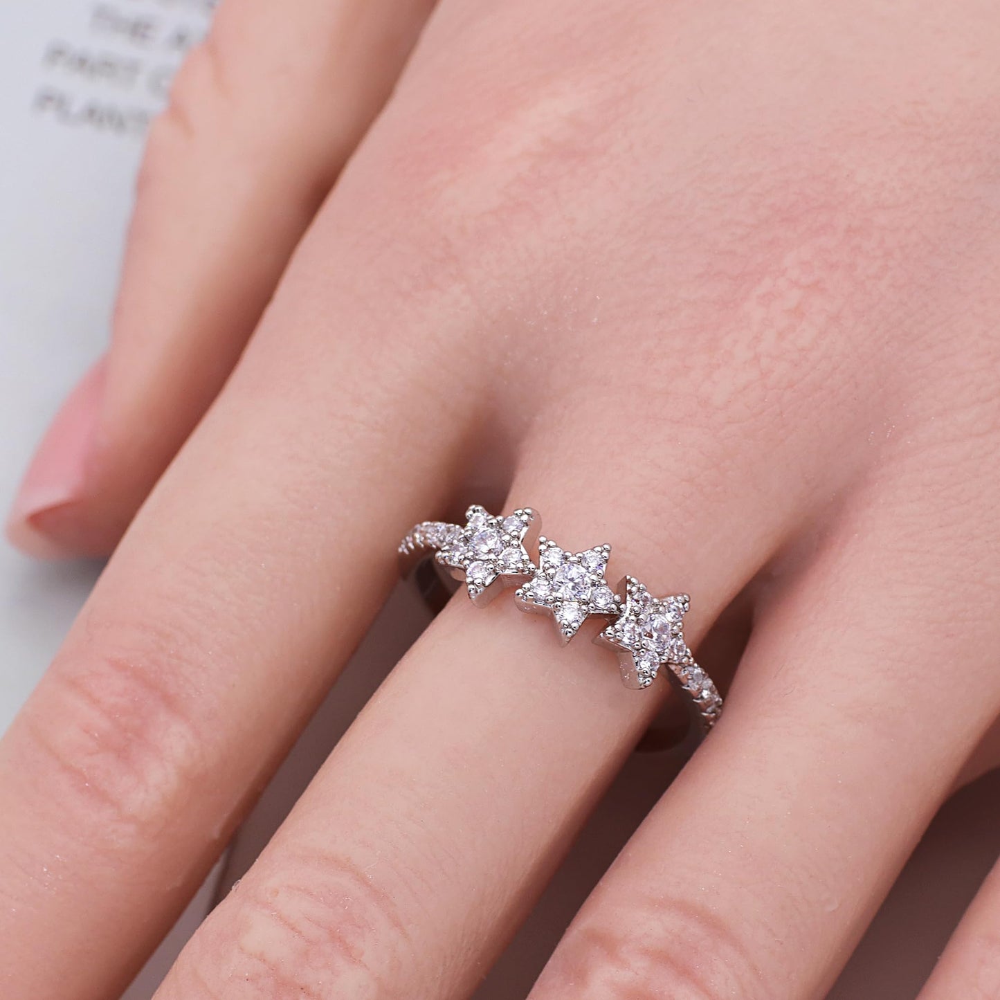 Warm Fortune Three Star Full Paved Promise Ring for Her - 18K Gold Plated Cubic Zirconia, Stackable Gift Valentine's Day, Fashion & Daily Elegant Wear,Adjustable