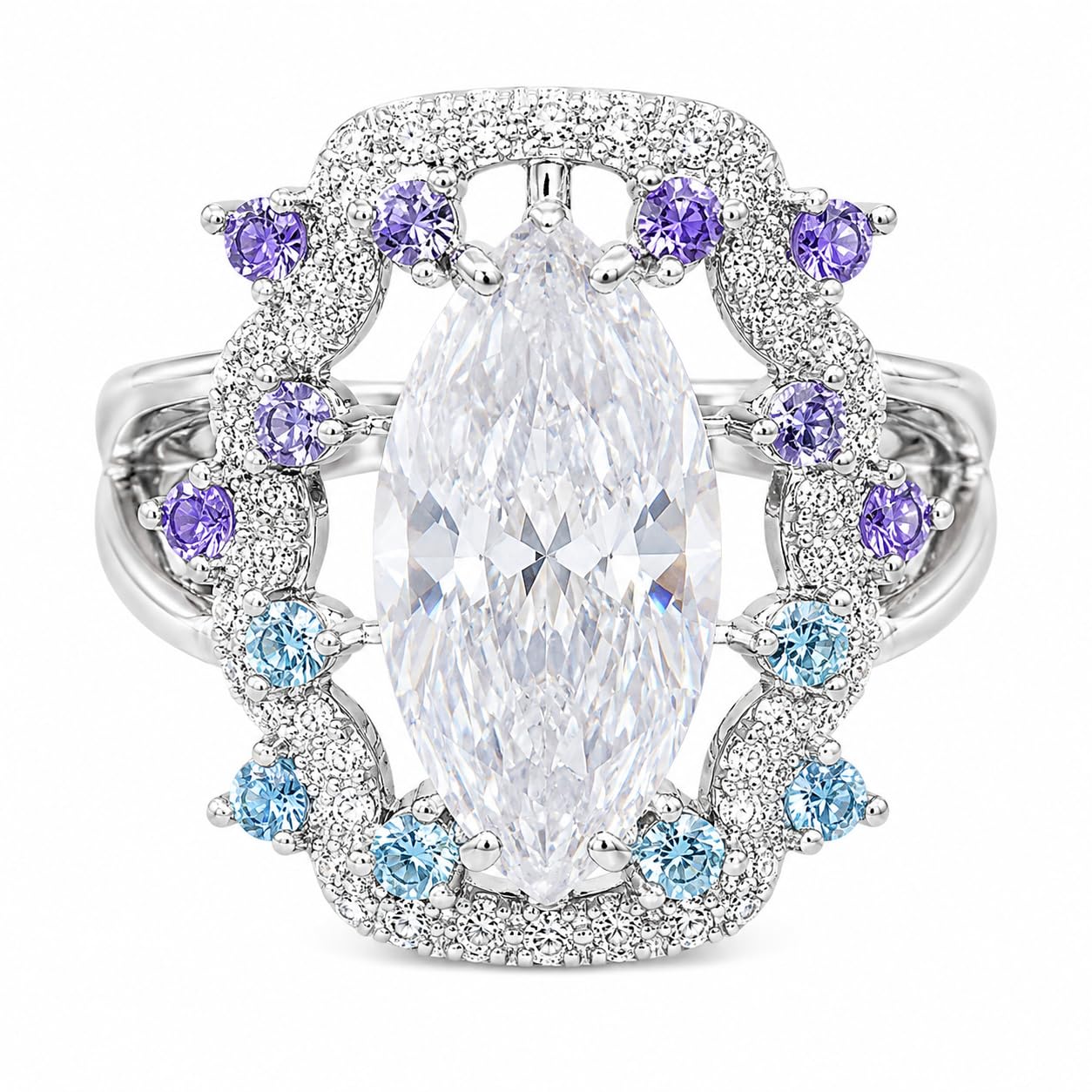 Warm Fortune Marquise Cut Blue Purple Halo Engagement Ring for Women - 18K Gold Plated Cubic Zirconia, Wedding Proposal Gift, Romantic Promise, Size 7-9
