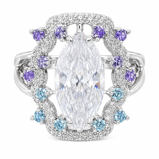 Warm Fortune Marquise Cut Blue Purple Halo Engagement Ring for Women - 18K Gold Plated Cubic Zirconia, Wedding Proposal Gift, Romantic Promise, Size 7-9