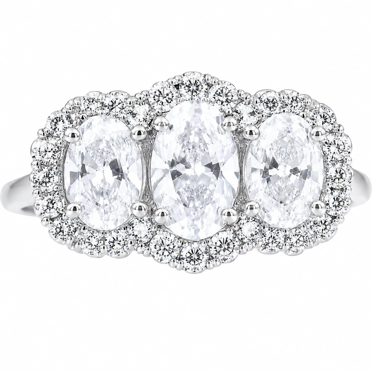 Warm Fortune Three-Stone Ring for Women, 18K White Gold Plated Oval & Round Cubic Zirconia Halo Band, Dainty Elegant Jewelry, Size 6.5-8