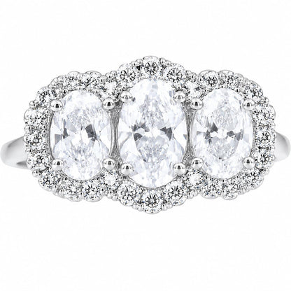 Warm Fortune Three-Stone Ring for Women, 18K White Gold Plated Oval & Round Cubic Zirconia Halo Band, Dainty Elegant Jewelry, Size 6.5-8