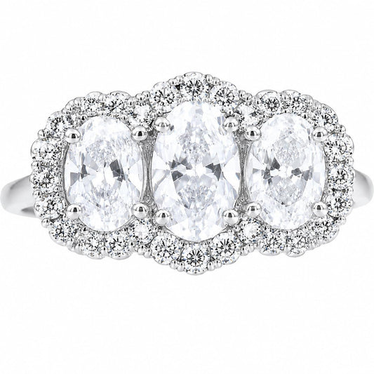 Warm Fortune Three-Stone Ring for Women, 18K White Gold Plated Oval & Round Cubic Zirconia Halo Band, Dainty Elegant Jewelry, Size 6.5-8