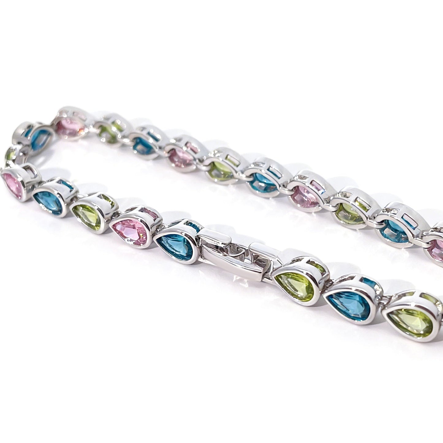 Warm Fortune Pear Stone Tennis Bracelet for Women, White Gold Plated, Multicolor CZ, Alternating Stone Design