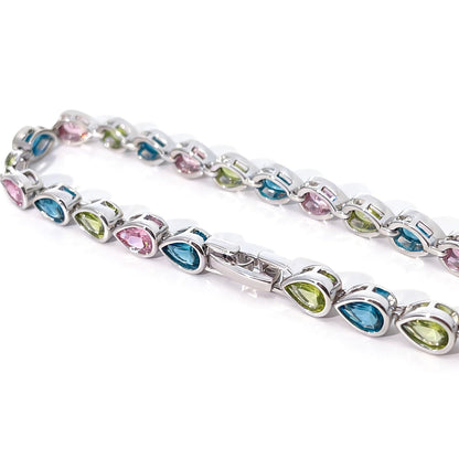 Warm Fortune Pear Stone Tennis Bracelet for Women, White Gold Plated, Multicolor CZ, Alternating Stone Design