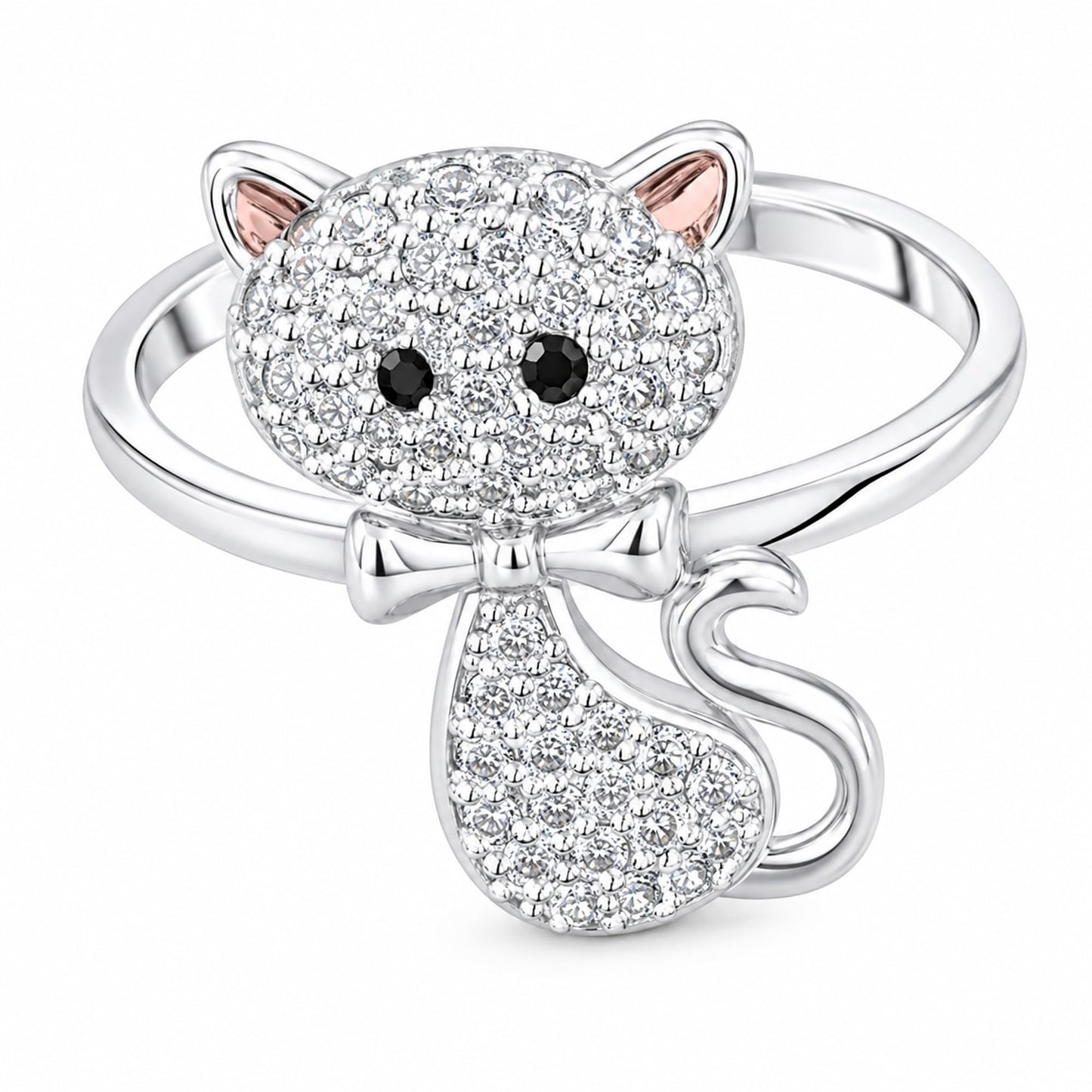Warm Fortune Cat Bow Pave Promise Ring for Her - 18K Gold Plated Cubic Zirconia, Stackable Gift Valentine's Day, Fashion & Daily Elegant Wear, Size 7