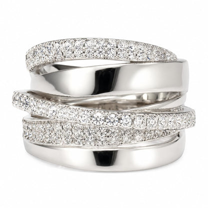 Warm Fortune Multi-Layer Intertwined Paved CZ Statement Ring for Women, 18K White Gold Plated Full Cubic Zirconia Stackable Fashion Jewelry, Size 7-12