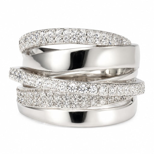 Warm Fortune Multi-Layer Intertwined Paved CZ Statement Ring for Women, 18K White Gold Plated Full Cubic Zirconia Stackable Fashion Jewelry, Size 7-12