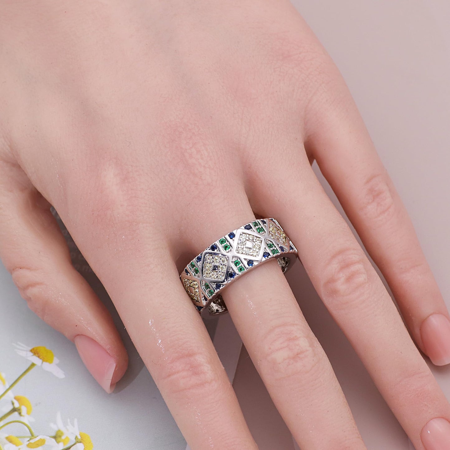 Warm Fortune Geometric Pattern Promise Ring for Her - 18K Gold Plated Cubic Zirconia, Stackable Gift Valentine's Day, Fashion & Daily Elegant Wear, Size 8