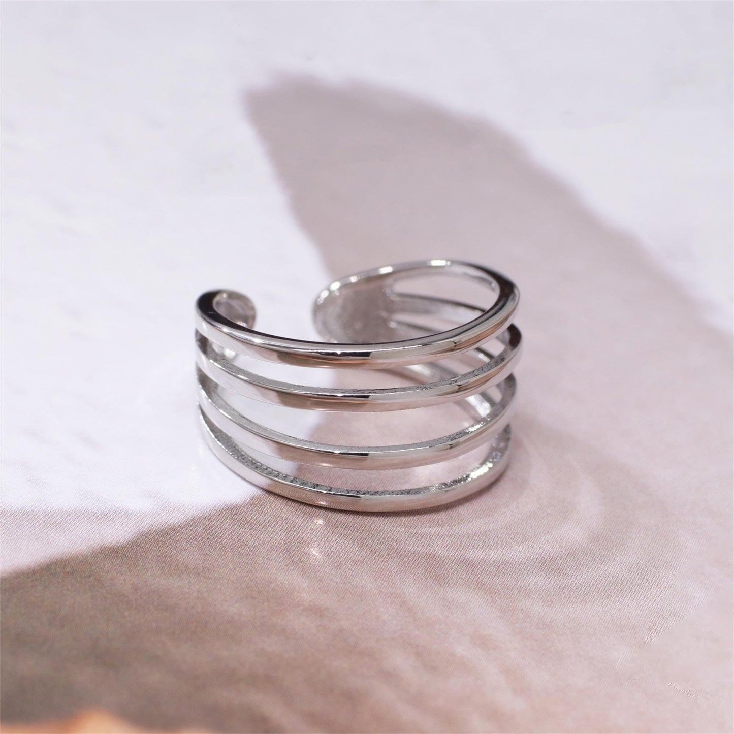 Warm Fortune Four-Layer Wrap Open Band Ring for Women - 18K Silver Plated Minimalist Stackable Ring, Daily Casual Jewelry Gift, Adjustable