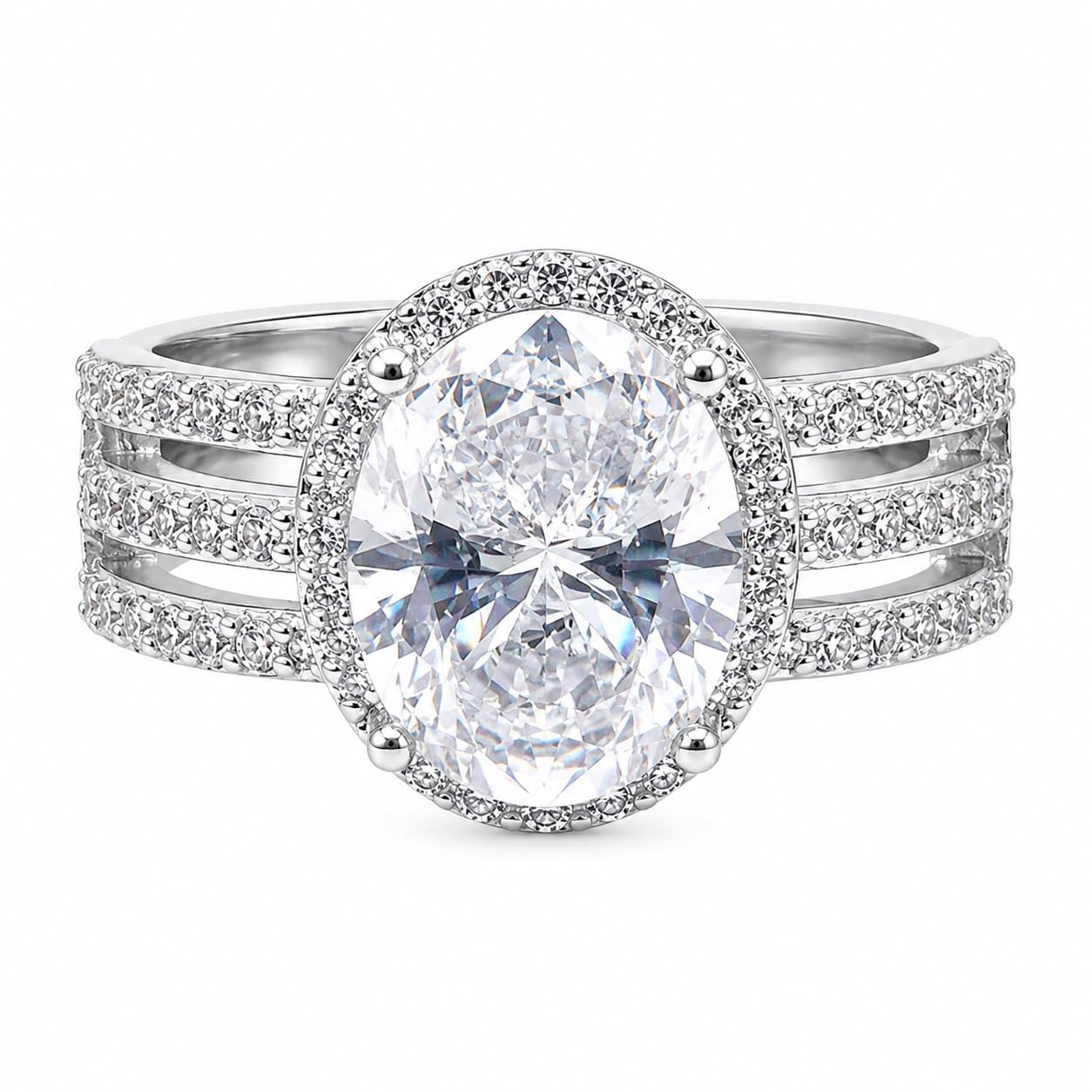 Warm Fortune Large Oval Halo Fashion Ring for Women, 18K White Gold Plated Multi-Band Side Stones Formal Statement Accessory,Size9