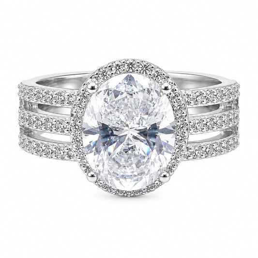 Warm Fortune Large Oval Halo Fashion Ring for Women, 18K White Gold Plated Multi-Band Side Stones Formal Statement Accessory,Size9